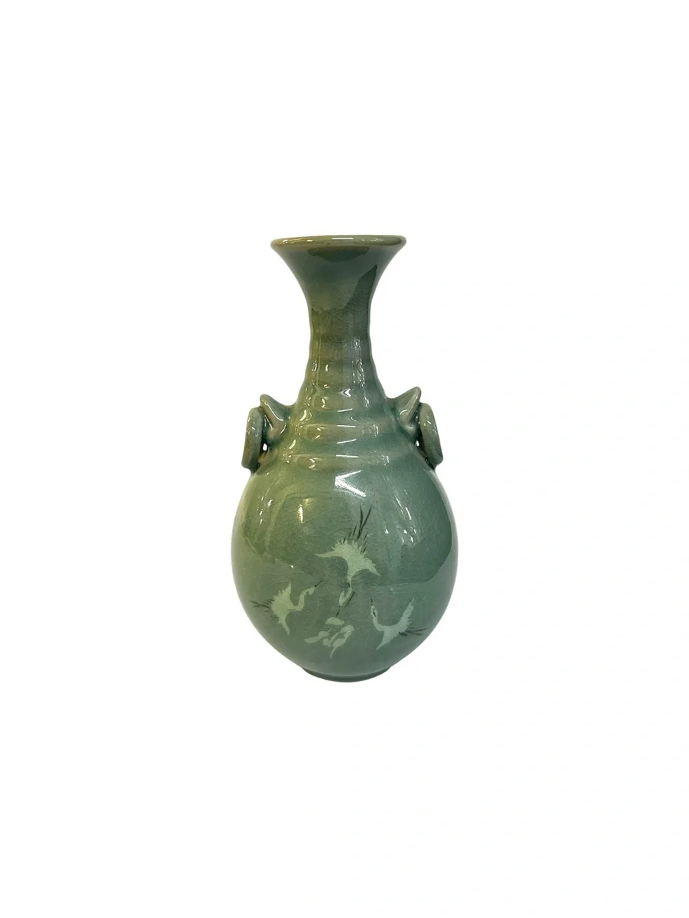 Signed Japanese Seiji Celadon Vase Flying Cranes Inlay Hakusei Mark Handles
